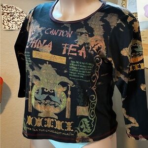 Susan Lawrence Black Long-Sleeve China Tea Graphic Top with Gold & Green Accents